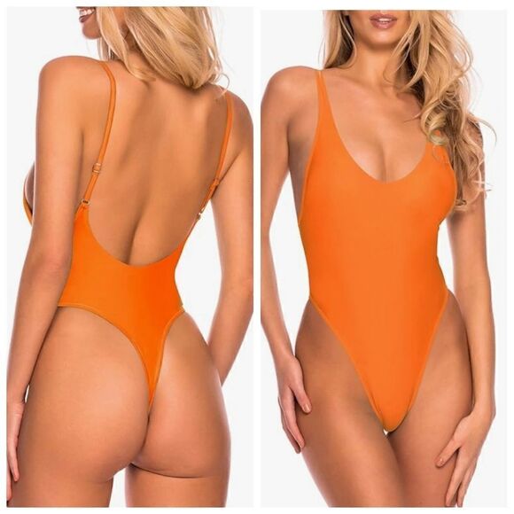 Sexy High Cut One Piece Thong Back Swimsuit MEDIUM ORANGE - Picture 1 of 14
